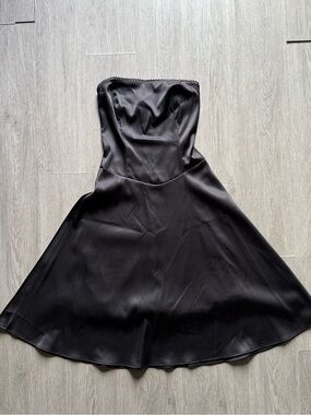 90s Strapless Black Satin Fit-and-Flare Dress